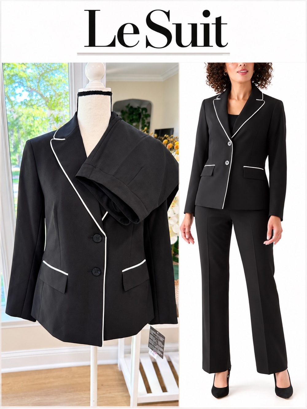 Le Suit Women's Black Jacket with White Piping - Two-Button Notch Blazer Sz.6